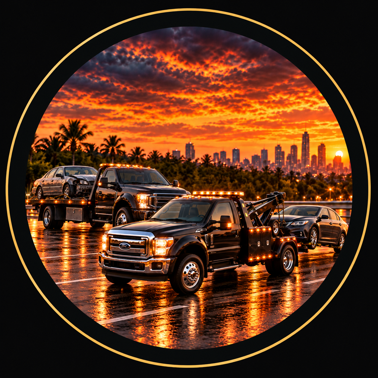 Black Ford Super Duty flatbed and wheel-lift tow trucks carrying cars at sunset